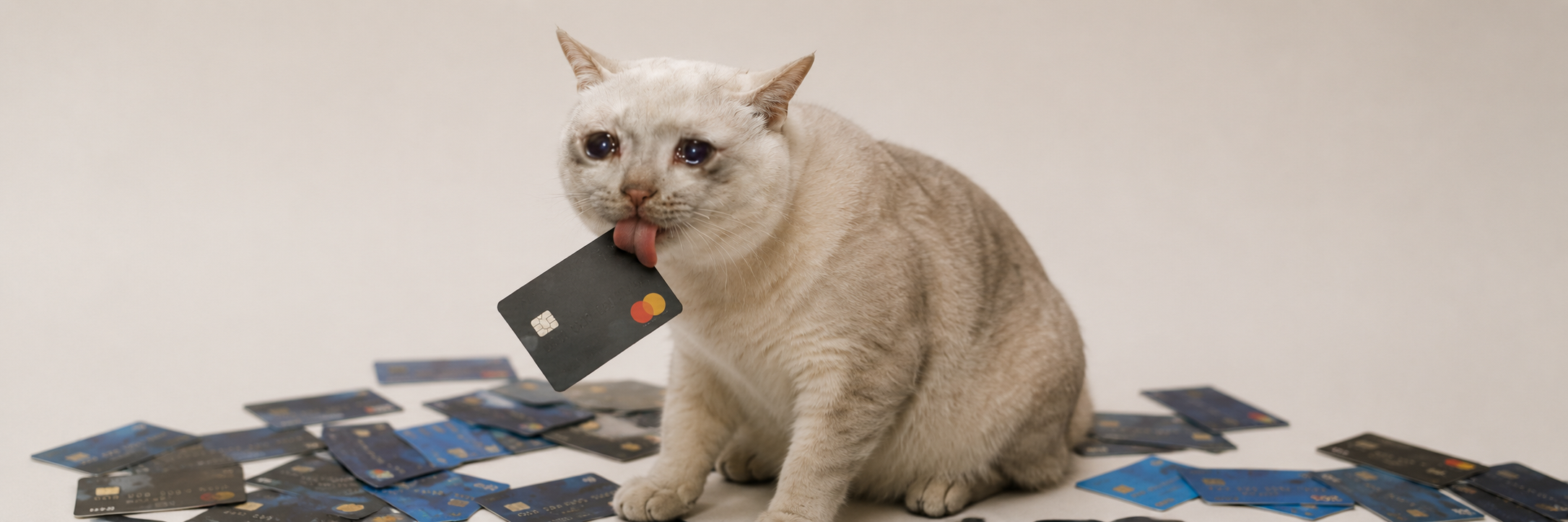 Wide shot of the cat holding a black card in its mouth, credit cards scattered around
